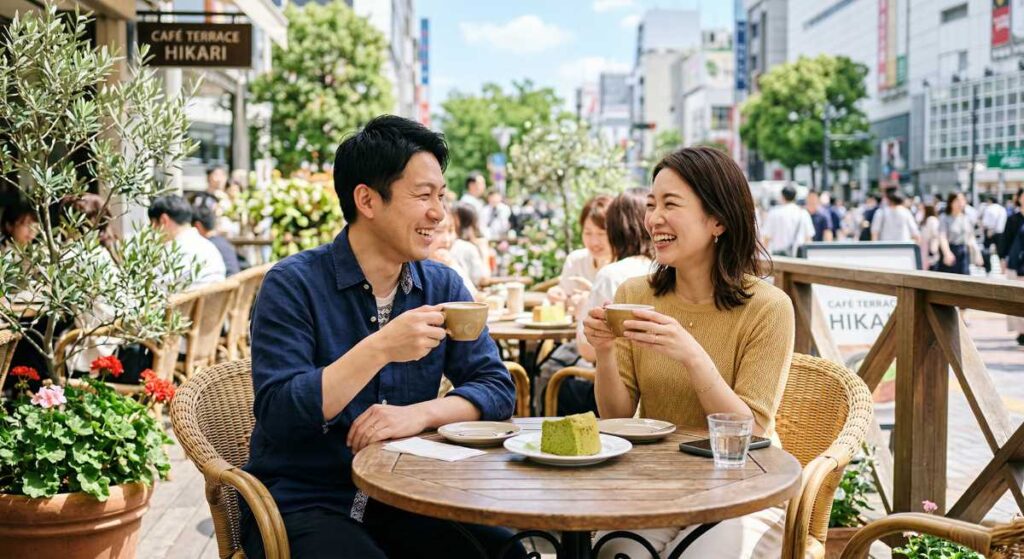 カフェで談笑する既婚者カップル